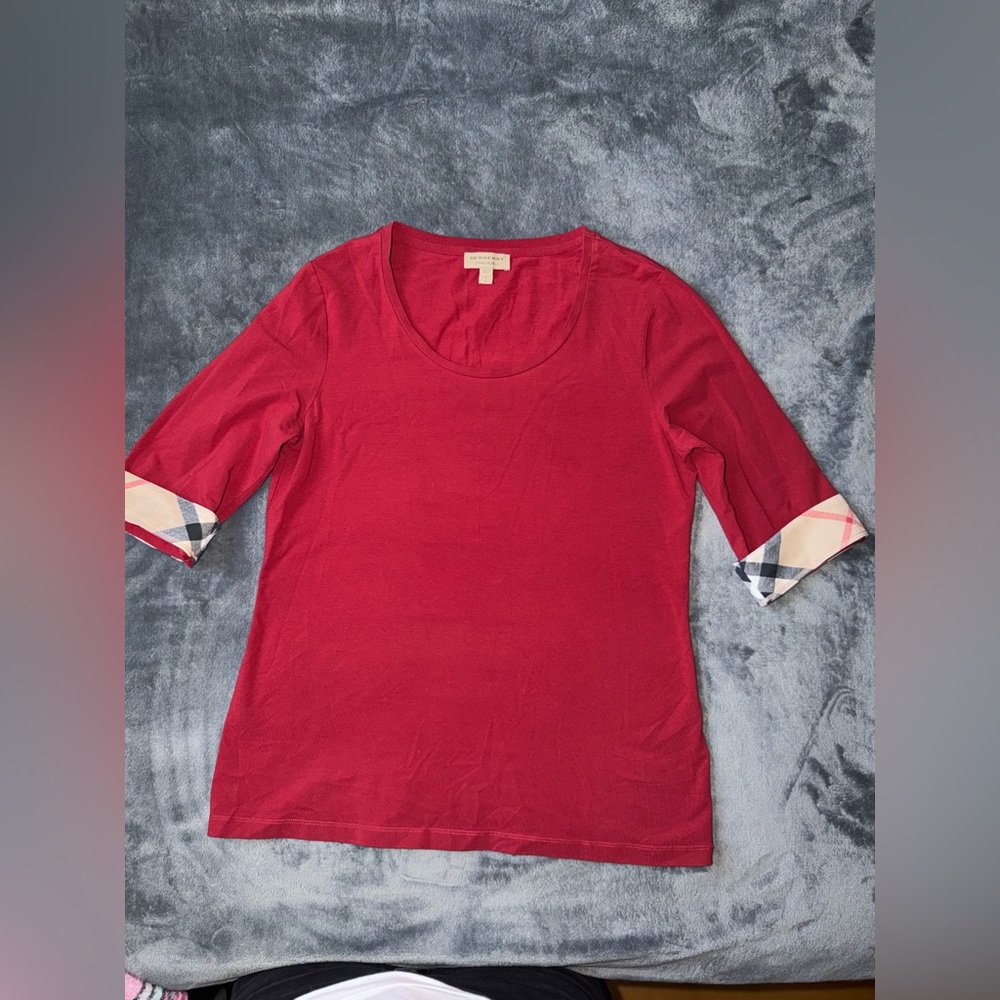 Burberry Red Scoop Neck Top with Plaid Cuff Trim